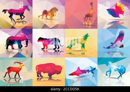 Collection of geometric polygon animals, horse, lion, giraffe, butterfly, elephant, leopard, wolf, eagle, deer, buffalo, shark, vector illustration Stock Vector