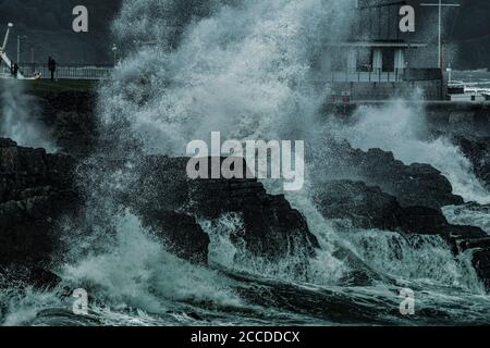 Storm Ellen hits Irish sea.  Greystones sea promenade and sailing club in vicinity of Bray Head. Ireland. 19-20 August 2020. Stock Photo