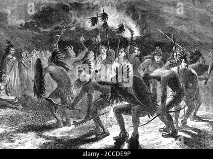 An engraved image of a native USA native American red indian dance