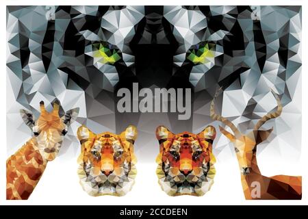 Collection of geometric polygon animals, tiger, giraffe, antelope, triangle pattern design, vector illustration Stock Vector