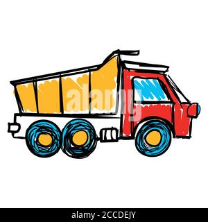 vector dump truck icon, drawing in children's style. isolated on a white background Stock Vector