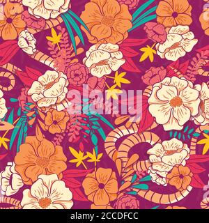 Floral jungle with snakes seamless pattern, tropical flowers and leaves, botanical hand drawn vibrant vector illustration Stock Vector