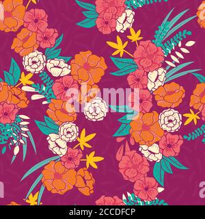 Floral jungle with snakes seamless pattern, tropical flowers and leaves, botanical hand drawn vibrant vector illustration Stock Vector