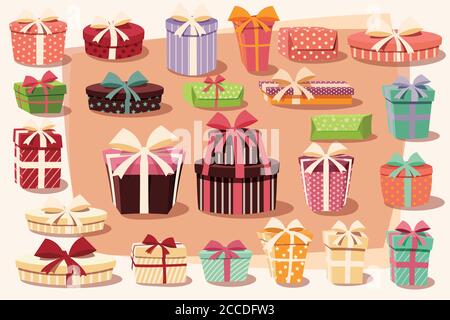 Collection of colorful gift boxes with bows and ribbons in different shapes, vector illustration Stock Vector