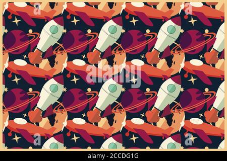 Rocket, planet and airplane in space, seamless pattern, vector illustration Stock Vector