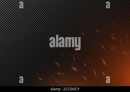 Realistic fire effect with particles on a transparent dark background. The flame sparkles. Dust from the fire. Vector illustration. EPS 10. Stock Vector