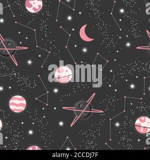 Universe with planets and stars seamless pattern, cosmos starry night sky, vector illustration Stock Vector