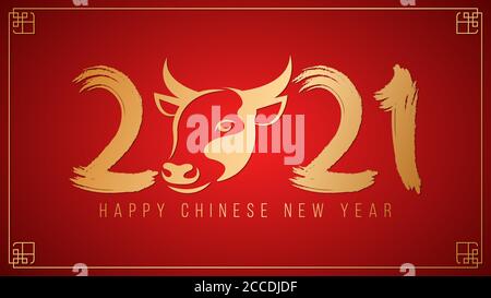 Happy Chinese New Year 2021. Golden bull zodiac sign with number in grunge style on a red background. Vector illustration. EPS 10. Stock Vector