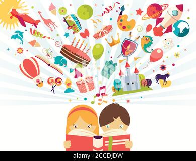 Imagination concept, boy and girl reading a book objects flying out, vector illustration Stock Vector