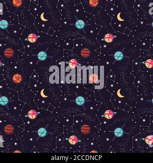 Universe with planets and stars seamless pattern, cosmos starry night sky, vector illustration Stock Vector