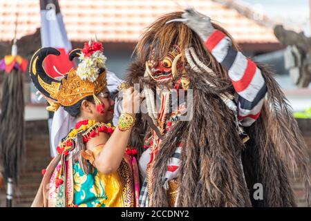 Barong animal dance is one of the traditional native Balinese dances. It is the most well known dance of Balinese culture, narrating the fight between Stock Photo