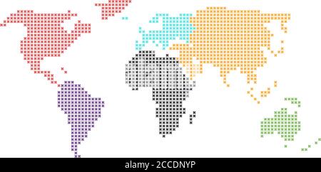 World map mosaic of small crosses in defferent color for each continent. Dotted design. Simple flat vector illustration. Stock Vector