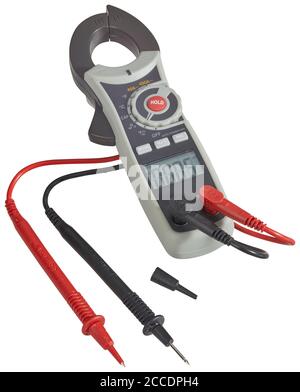 Digital clamp-meter, with pair of leads, cut out on white background Stock Photo