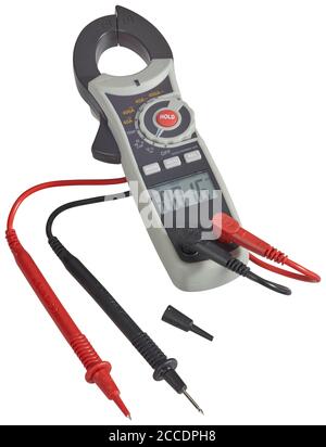 Digital clamp-meter, with pair of leads, cut out on white background Stock Photo
