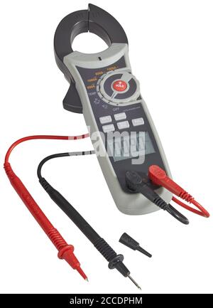Digital clamp-meter, with pair of leads, cut out on white background Stock Photo