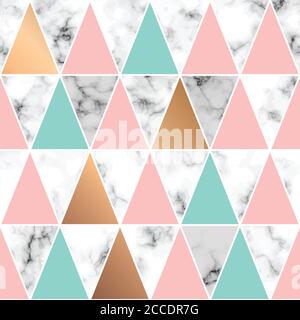 Vector marble texture, seamless pattern design with golden geometric lines and triangles, black and white marbling surface, modern luxurious backgroun Stock Vector
