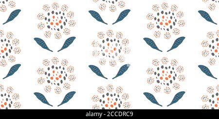 Stylized wild meadow flowers vector border. Banner with mosaic style orange, blue, gray yellow florals on white backdrop. Modern abstract botanical Stock Vector