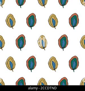 Inky wild meadow leaves seamless vector pattern background. White backdrop with hand drawn line art green orange, mustard color foliage in loose folk Stock Vector