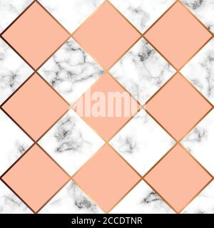 Vector marble texture, seamless pattern design with pink squares and golden geometric lines, black and white marbling surface, modern luxurious backgr Stock Vector