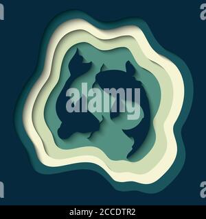 Paper cut out background with 3d effect, two koi fish carving art, vector illustration Stock Vector