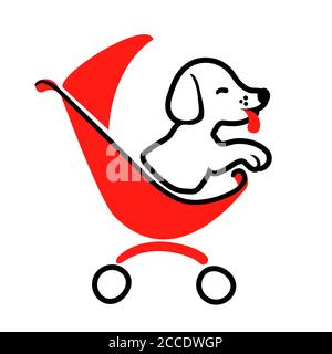 Dog sitter logo in drawing style on white background for highlight. Walking pet in carriage icon vector isolated element. Zoo transportation flat illustration. Funny animal care business concept art. Stock Vector