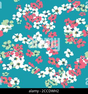 Seamless Hand Drawn Abstract of Mini Flowers Repeating Vector Pattern on Dark Mint Background Ready for Textile Prints. Stock Photo