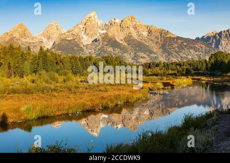 The Teton mountains reflect in the water of the Snake River at Schwabacher Landing in Grand Teton National Park Stock Photo
