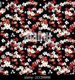 Seamless Hand Drawn Abstract of Mini Flowers Repeating Vector Pattern on Black Background Ready for Textile Prints. Stock Photo