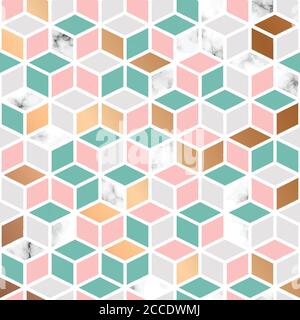Vector marble texture, seamless pattern design with cubes geometric pattern, black and white marbling surface, modern luxurious background Stock Vector