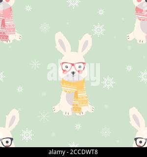 Seamless Merry Christmas patterns with cute polar rabbit animals, vector illustration Stock Vector