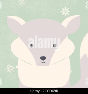 Cute polar white baby fox on green Christmas background, vector illustration Stock Vector
