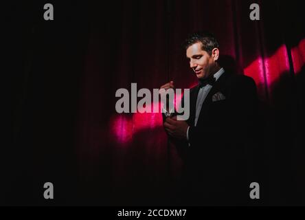 Man, festively dressed, suit, bow tie, Stock Photo