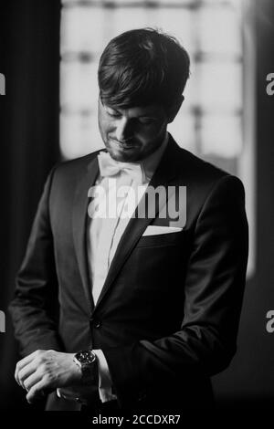 Man, festively dressed, suit, bow tie, Stock Photo