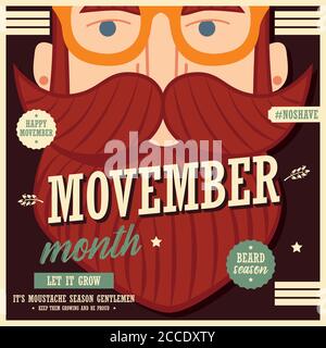Movember poster design, prostate cancer awareness, hipster man with beard and moustache, vector illustration Stock Vector