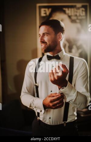 Man, festively dressed, suit, bow tie, Stock Photo