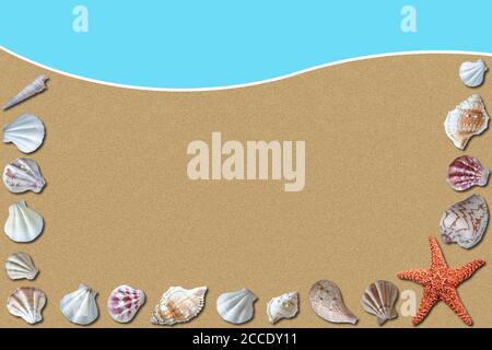 Sandy beach summer background with surrounding seashells and wavey border and copy space. Stock Photo
