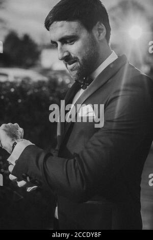 Man, festively dressed, suit, bow tie, Stock Photo