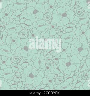 Floral seamless pattern with beautiful flowers on mint background, vector illustration Stock Vector