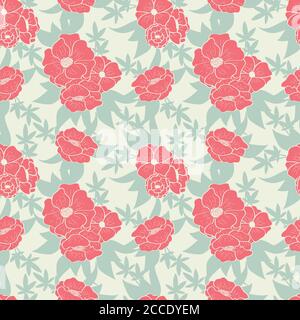 Floral seamless pattern with beautiful flowers on mint background, vector illustration Stock Vector