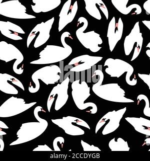 White swan seamless pattern on black background, vector illustration Stock Vector