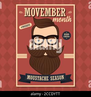 Movember poster design, prostate cancer awareness, hipster man with beard and moustache, vector illustration Stock Vector