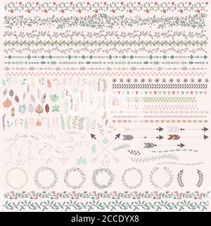 Hand drawn vintage leaves, arrows, feathers, wreaths, dividers, ornaments and floral decorative elements, vector illustration Stock Vector