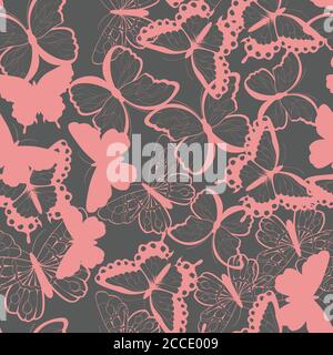 Seamless vector pattern with hand drawn silhouette butterflies, pink and gray, vector illustration Stock Vector