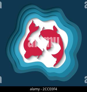 Paper cut out background with 3d effect, two koi fish carving art, vector illustration Stock Vector