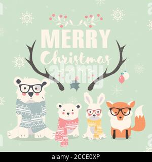Merry Christmas lettering with hipster polar bears, fox and rabbit, vector illustration Stock Vector