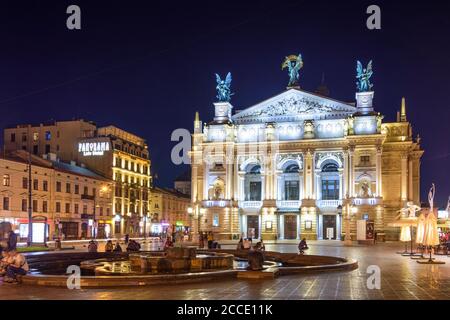 Lviv (Lwiw, Lemberg), Opera House, fountain in Lviv Oblast, Ukraine Stock Photo