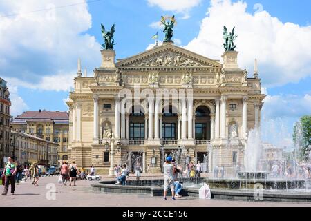 Lviv (Lwiw, Lemberg), Opera House, fountain in Lviv Oblast, Ukraine Stock Photo