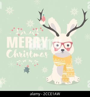 Merry Christmas postcard, hipster polar rabbit wearing glasses and antlers, vector illustration Stock Vector
