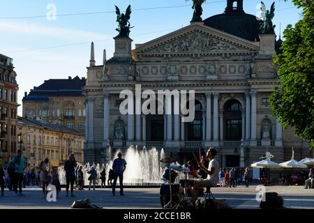 Lviv (Lwiw, Lemberg), Opera House, fountain in Lviv Oblast, Ukraine Stock Photo