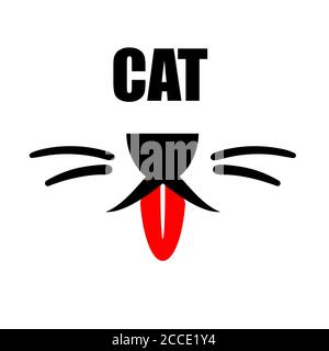 Cat with red tongue logo. Cute happy pet with smile face line design and copy space text. Kitty flat abstract element vector. Animal graphic character illustration. Stock Vector